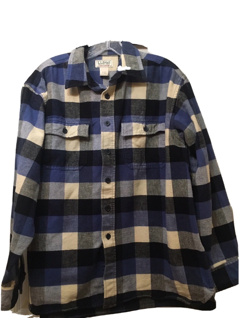 L.L. Bean Blue Black Cream Plaid Button-Down Shirt Chamois Cloth